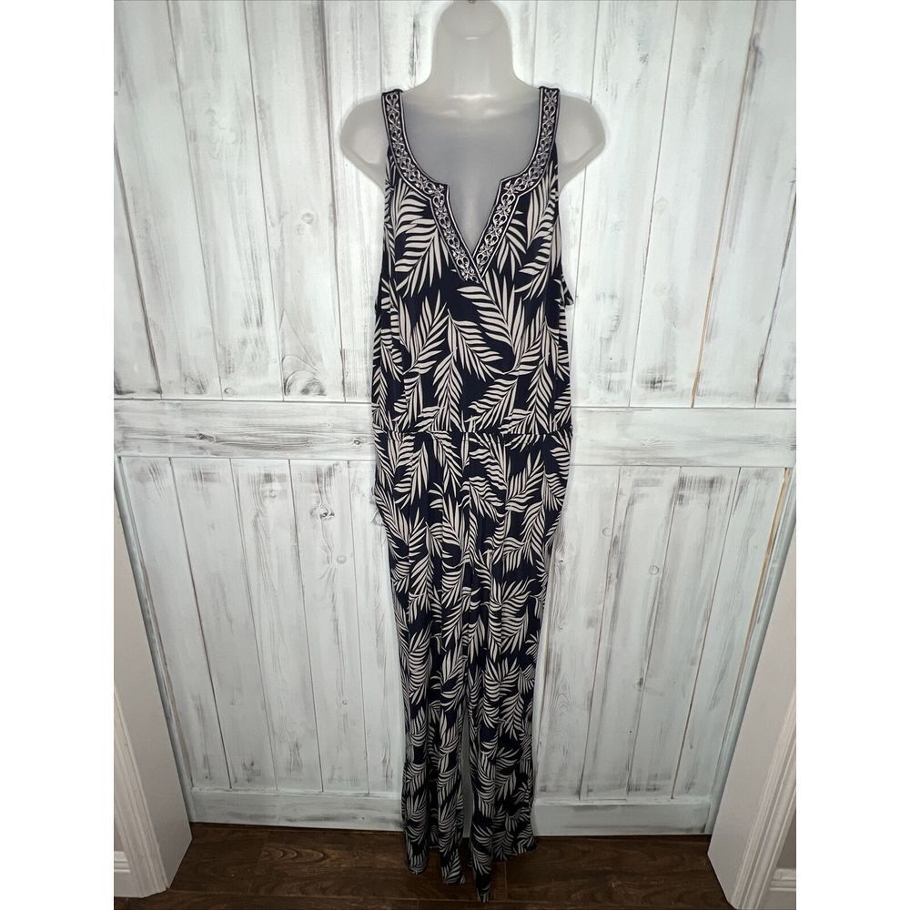 WOMENS MAGNOLIA GRACE BLUE TROPICAL PALM LEAF TAPERED STRETCH BEACH JUMPSUIT XXL